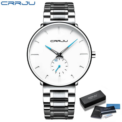 Montre pour homme CRRJU – Montre-bracelet en acier inoxydable, style décontracté et luxueux, étanche, montre de sport à quartz pour homme