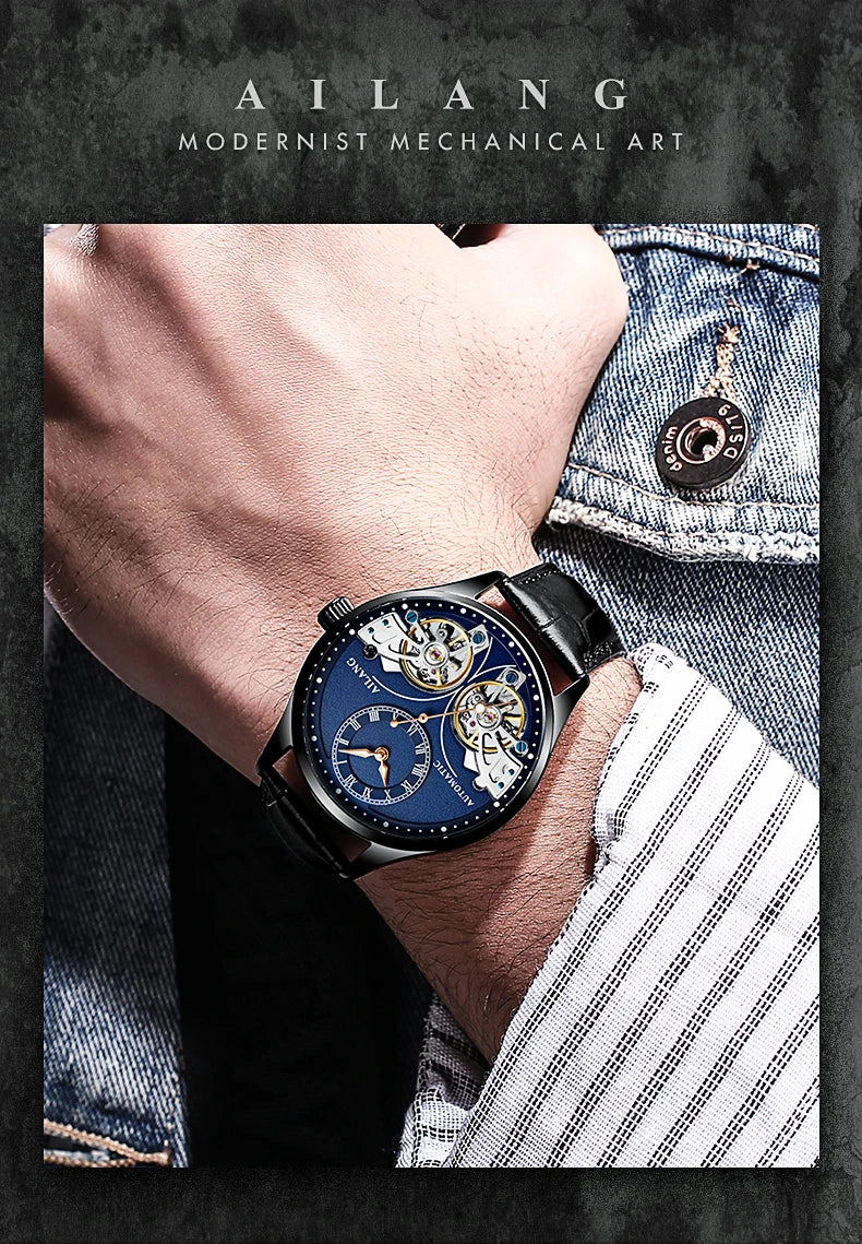 AILANG brandneue modische Double-Tourbillon-Uhr für Herren, Luxus-Edelstahl, wasserdicht, automatisch-mechanische Herrenuhr