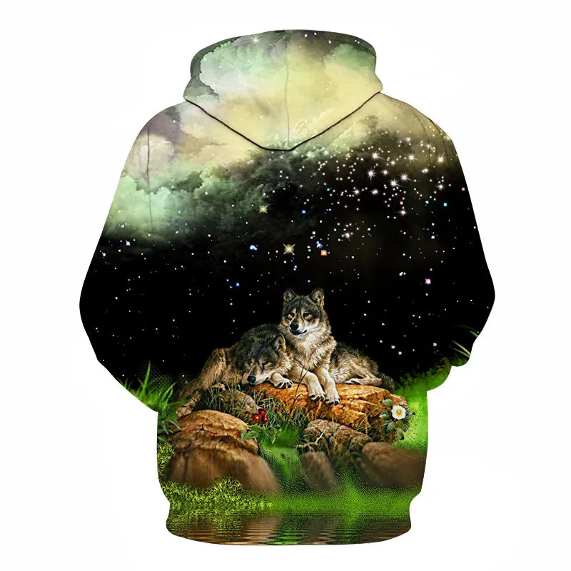 Cool Space Galaxy Wolf Hoodie – Herren-Hoodie mit leuchtendem Wolf, modischer Pullover für Frühling und Herbst
