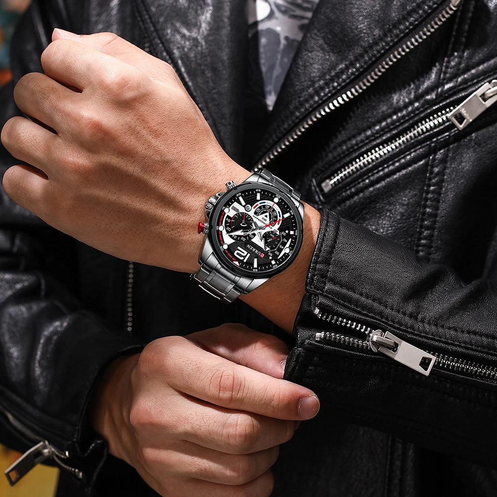 Orologio da uomo CURREN sportivo al quarzo con cronografo, in acciaio inox di lusso con quadrante luminoso