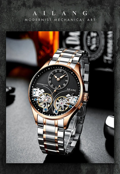 AILANG brandneue modische Double-Tourbillon-Uhr für Herren, Luxus-Edelstahl, wasserdicht, automatisch-mechanische Herrenuhr