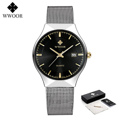 WWOOR Silver Men Watches with Mesh Steel Top Brand Luxury Ultra Thin Quartz Waterproof Date Business Wristwatch Box Montre Homme