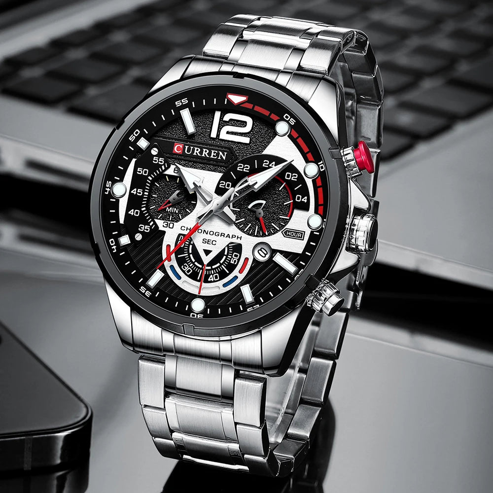 Orologio da uomo CURREN sportivo al quarzo con cronografo, in acciaio inox di lusso con quadrante luminoso