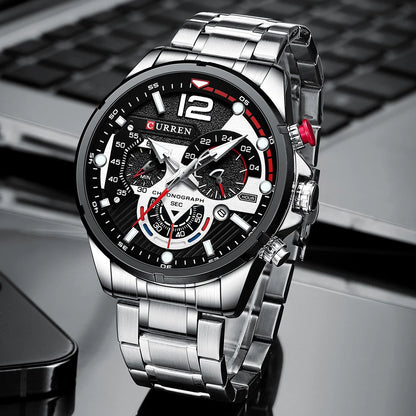 Orologio da uomo CURREN sportivo al quarzo con cronografo, in acciaio inox di lusso con quadrante luminoso
