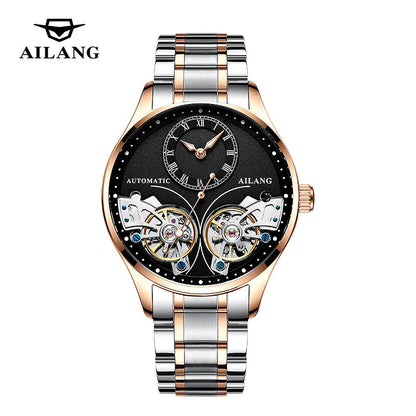 AILANG brandneue modische Double-Tourbillon-Uhr für Herren, Luxus-Edelstahl, wasserdicht, automatisch-mechanische Herrenuhr