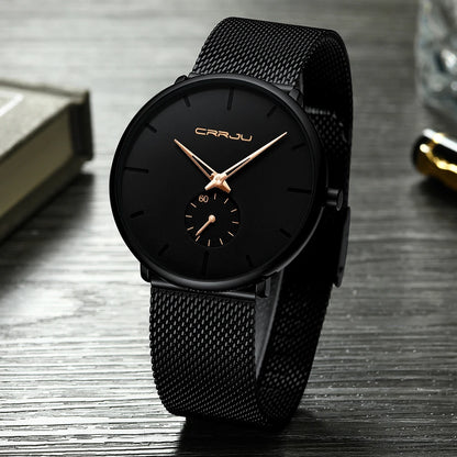 Montre pour homme CRRJU – Montre à quartz de luxe, style décontracté, fine, avec bracelet en maille d'acier, étanche et sportive.