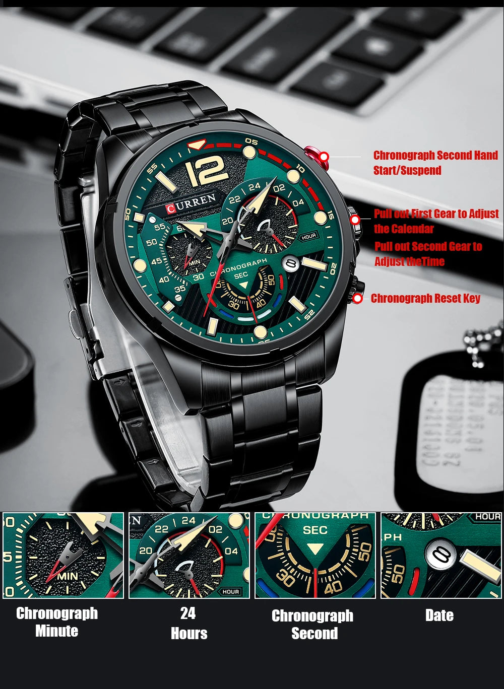 Orologio da uomo CURREN sportivo al quarzo con cronografo, in acciaio inox di lusso con quadrante luminoso