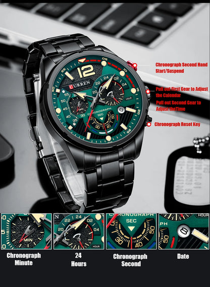 Orologio da uomo CURREN sportivo al quarzo con cronografo, in acciaio inox di lusso con quadrante luminoso
