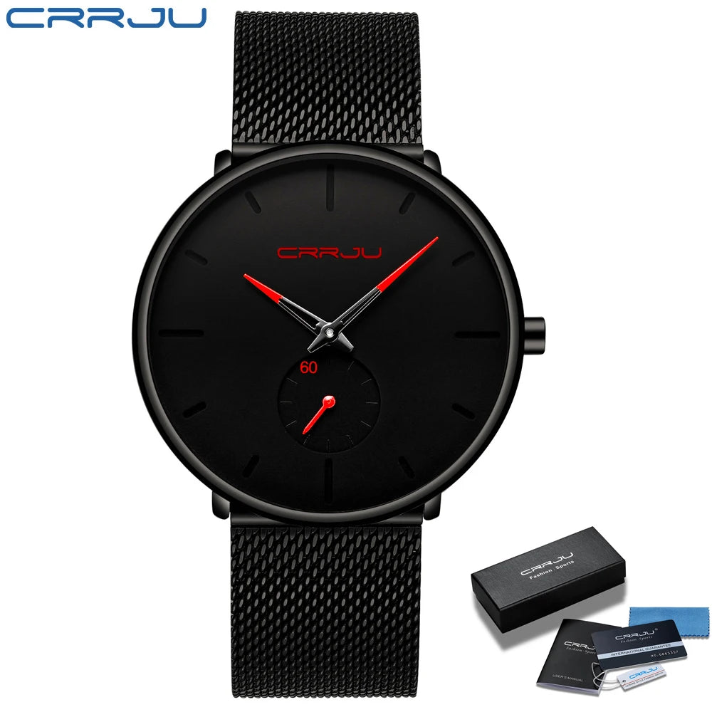 Montre pour homme CRRJU – Montre à quartz de luxe, style décontracté, fine, avec bracelet en maille d'acier, étanche et sportive.