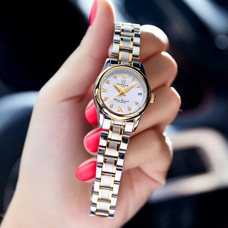 Montre-bracelet mécanique pour femme de la marque CARNIVAL – Modèle élégant, mouvement automatique, verre saphir, étanche.