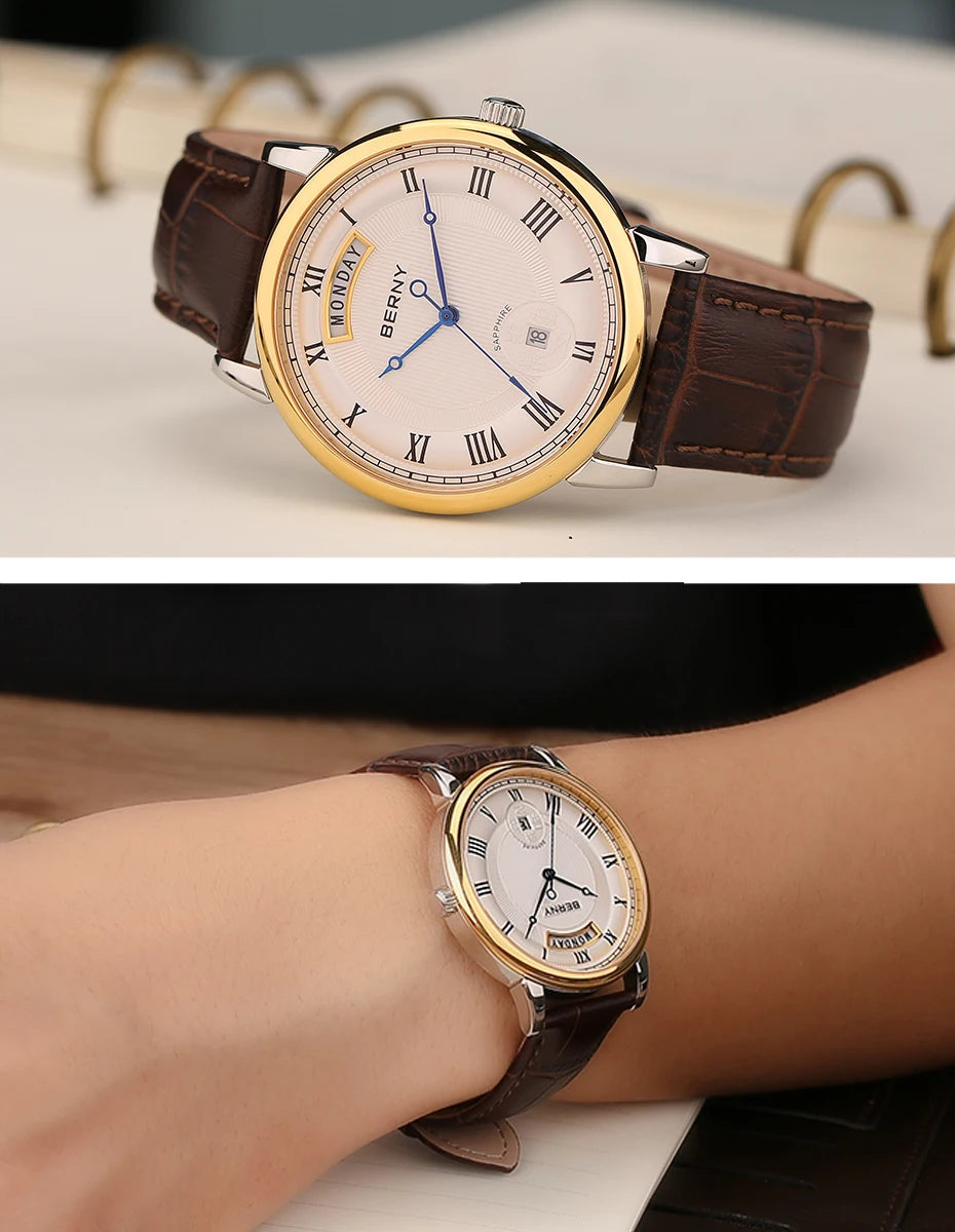Montre à quartz pour homme BERNY, équipée d'un mouvement Miyota VJ55, modèle de luxe de haute qualité avec affichage du jour, boîtier en acier inoxydable, verre saphir et étanchéité.