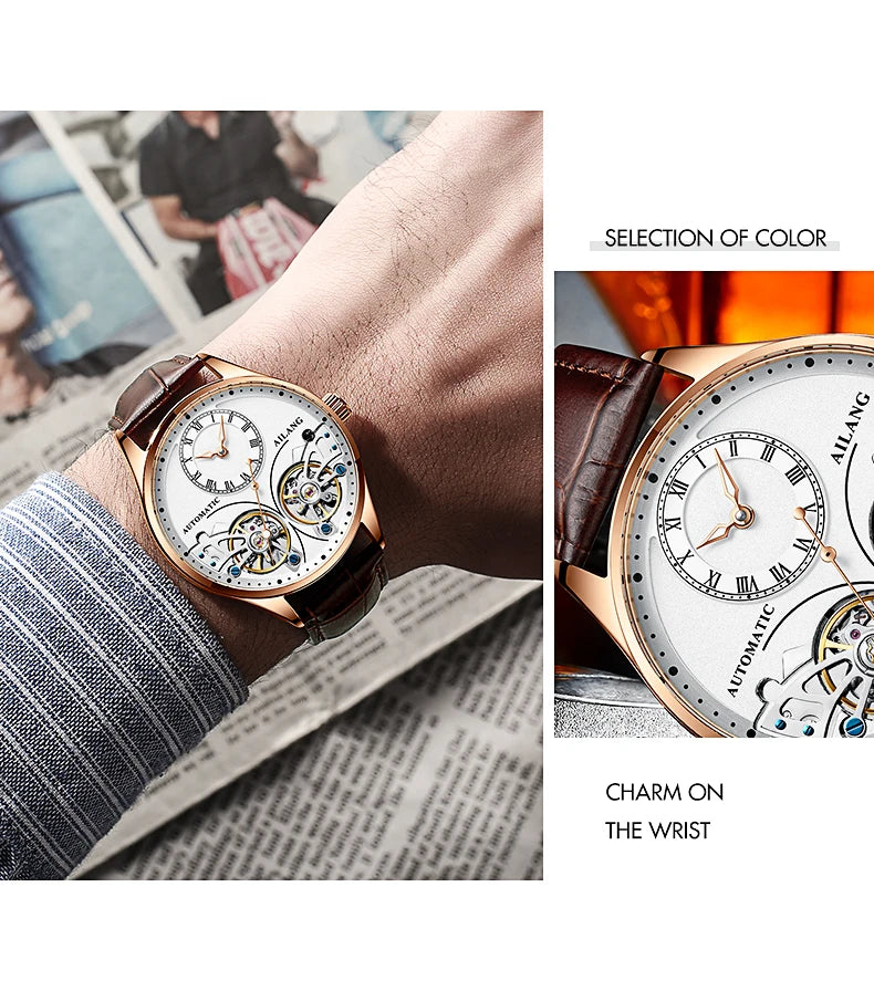 AILANG brandneue modische Double-Tourbillon-Uhr für Herren, Luxus-Edelstahl, wasserdicht, automatisch-mechanische Herrenuhr