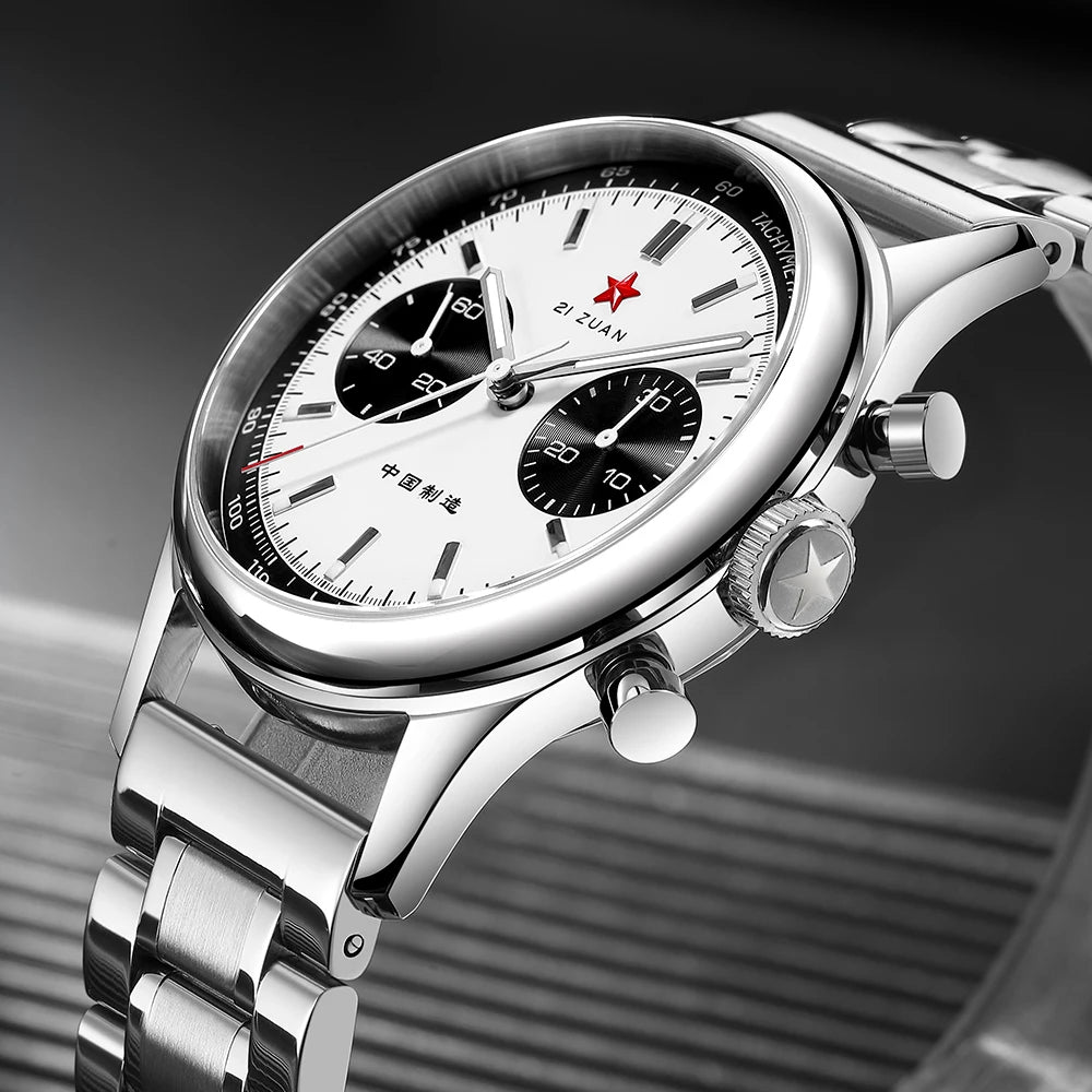 Red Star Panda Mens 1963 Chronograph Mechanical Wristwatch Seagull st1901 Movement Gooseneck 40mm Luminous Sapphire Pilot Watch