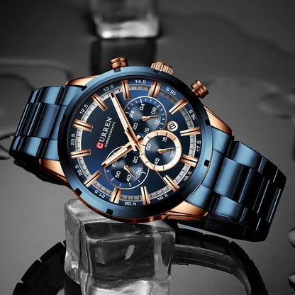 Pánské hodinky CURREN – luxusní sportovní chronograf, quartzový strojek, celonerezové, vodotěsné