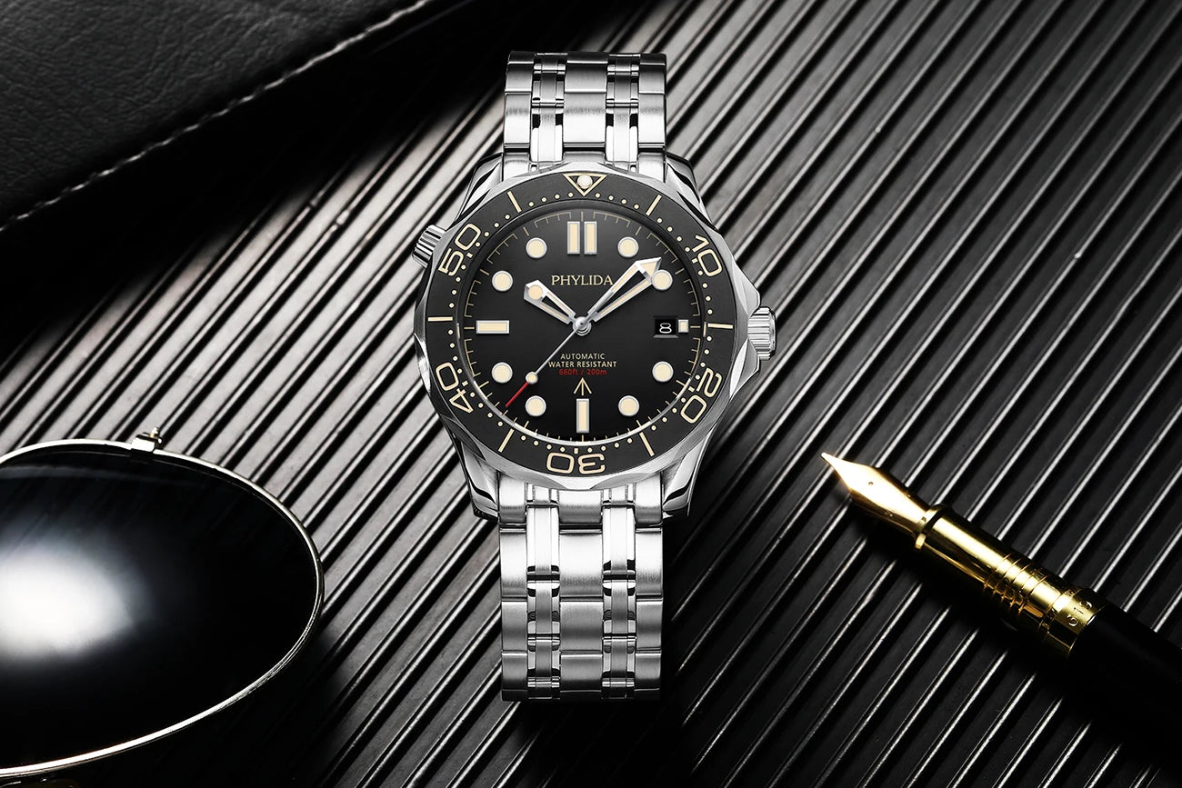 PHYLIDA Black Dial PT5000 MIYOTA Automatic Watch DIVER 200M 007 NTTD Style Sapphire Crystal Solid Bracelet Waterproof 20Bar