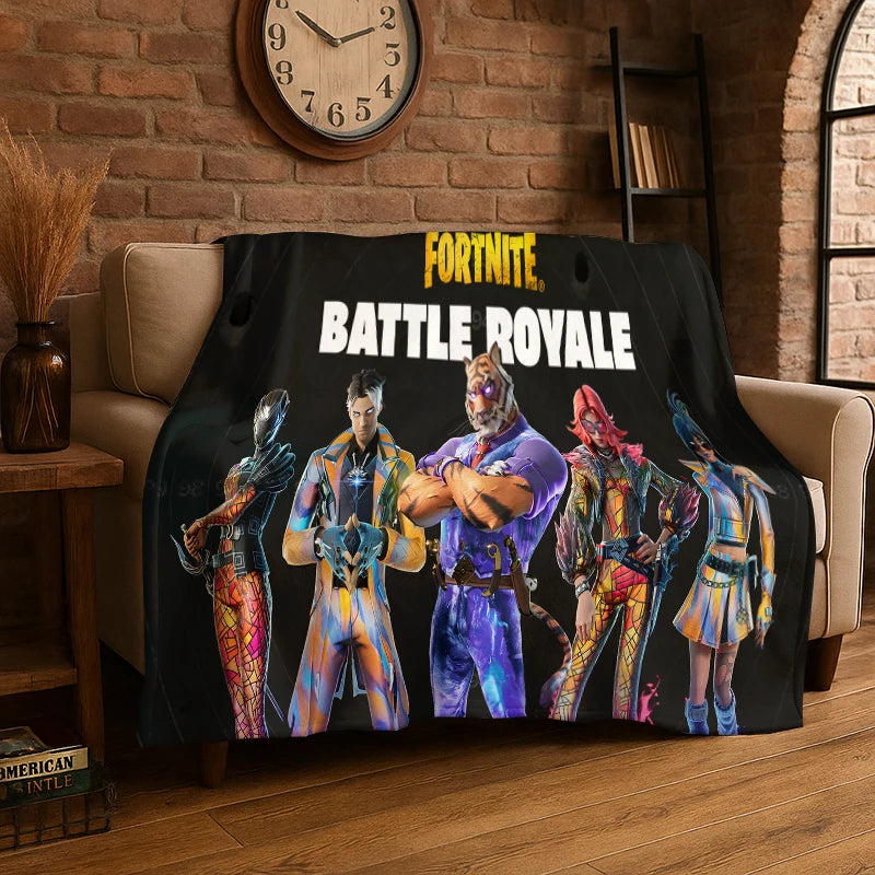Kreskówkowy koc flanelowy dla graczy F-Fortnite – miękki, ciepły pled do sypialni, salonu, łóżka, podróży, na kemping, piknik lub prezent