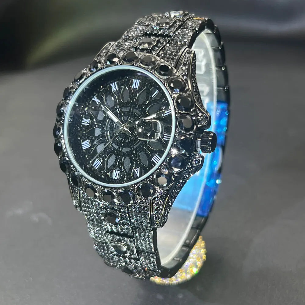 MISSFOX Fashion lced Out Silver Mens Watch Luxury Calendar Waterproof Watch For Man Hip Hop High Quality Big Diamond Wristwatch