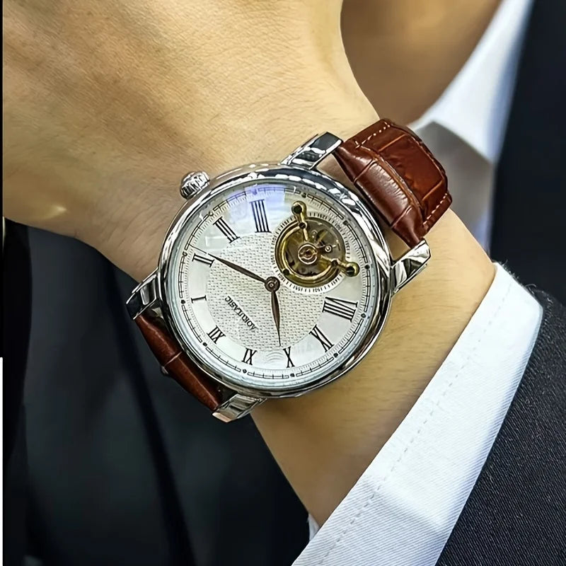 Montre mécanique automatique pour homme – Design ajouré élégant, style « business casual » tendance, boîtier en alliage et bracelet en cuir, sans pile