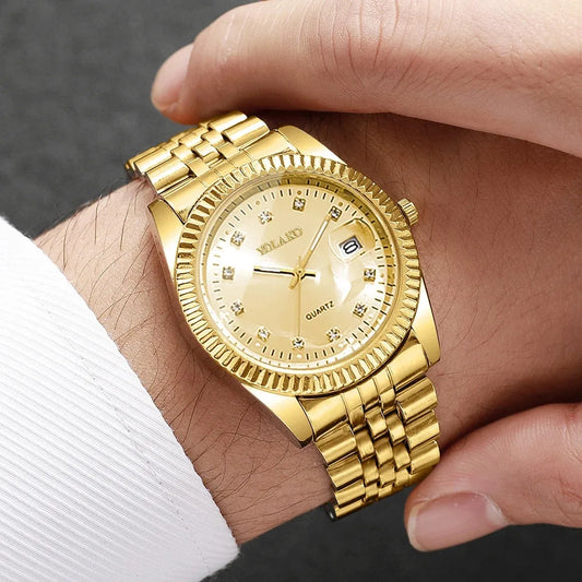 Luxury Men Calendar Quartz Watch  Fashion Rhinestone Steel Men's Business Watches Reloj Hombre Clock Gift（Without Box）