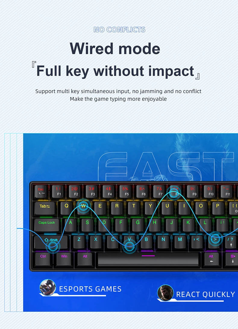 APAYADO K61 60% Mini Wired Gaming Mechanical Keyboard Phantom RGB, 61 Keys, Red/Blue Switch, Ergonomic, Portable for PC/Laptop