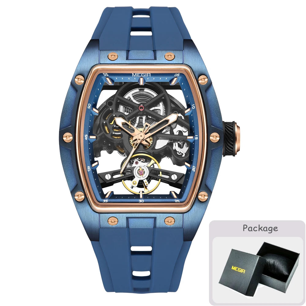 Montre mécanique pour homme MEGIR, forme tonneau, cadran squelette ajouré, style sportif, bracelet en silicone, montre automatique de luxe