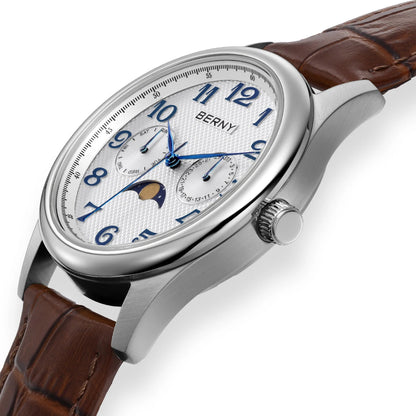 BERNY Watches for Men Moon Phase Quartz Men's Watch Day and Date Calendar Easy Read Vintage-Style Business Dress Wristwatch