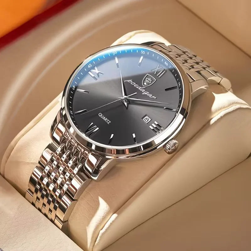 Montre homme POEDAGAR Business Quartz, acier inoxydable, étanche, date lumineuse, montre-bracelet de luxe décontractée pour homme