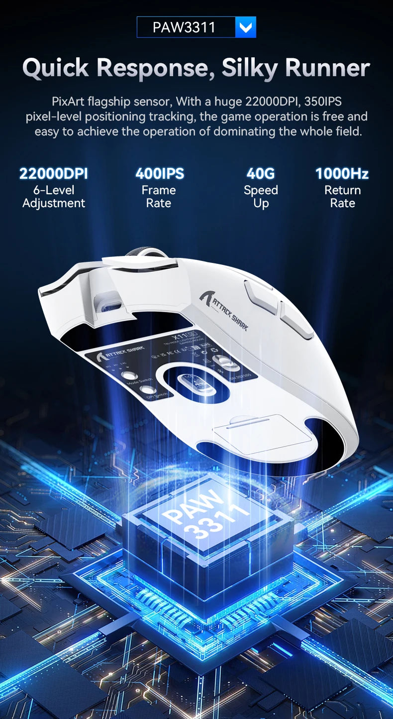 Bezdrôtová herná myš ATTACK SHARK X11SE, trojrežimová, ultraľahká 63g, so senzorom PAW3311, 22000 DPI, batéria 300mAh, dvojitý ovládač