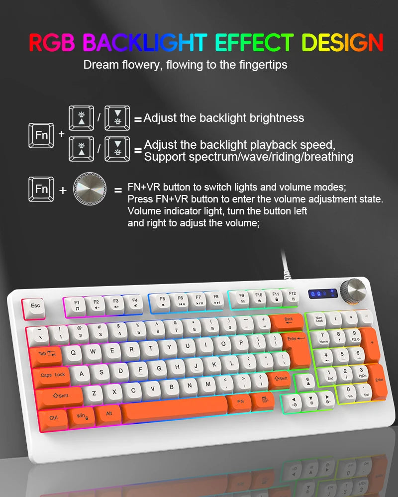 93-Key Minimalist Wired Gaming Keyboard Mixed Color Lighting With Multifunction Knob Mechanical Feeling Keyboard For PC Gamers