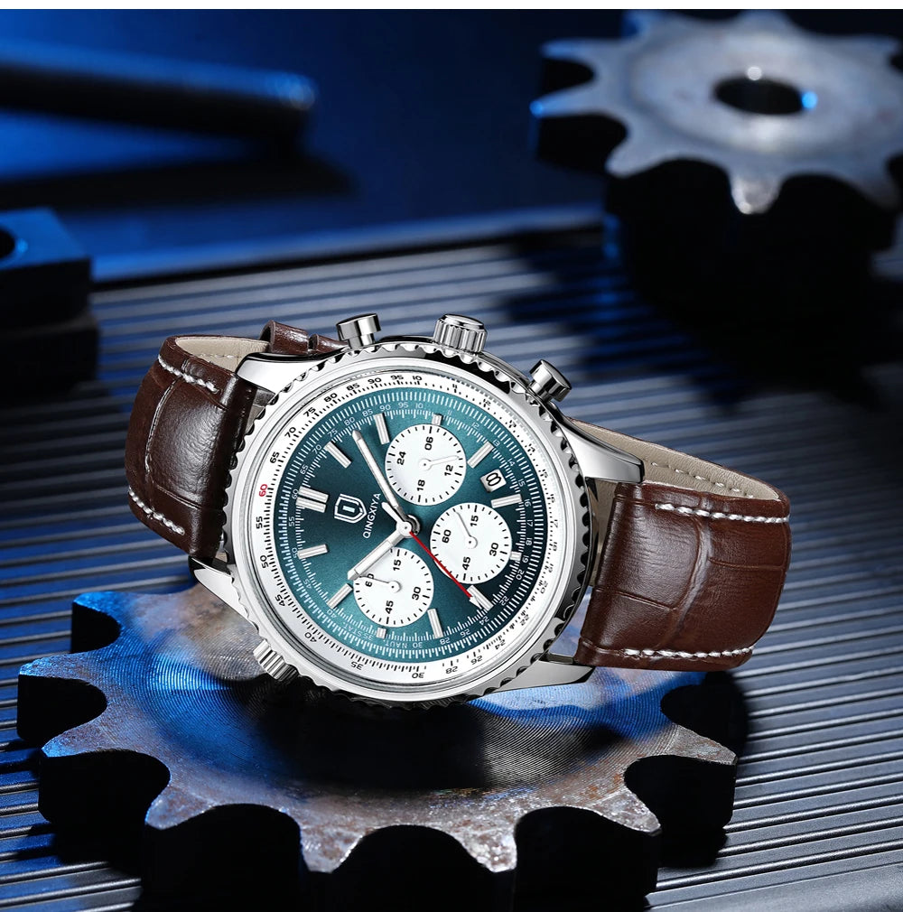 QINGXIYA Montre de luxe pour homme, à quartz, étanche, luminescente, avec date et chronographe, bracelet en cuir, montre-bracelet militaire et sportive pour homme, Reloj
