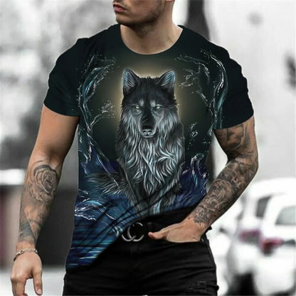European and American men's new fashionable summer wolf roar print comfortable and breathable round neck T-shirt outdoor top
