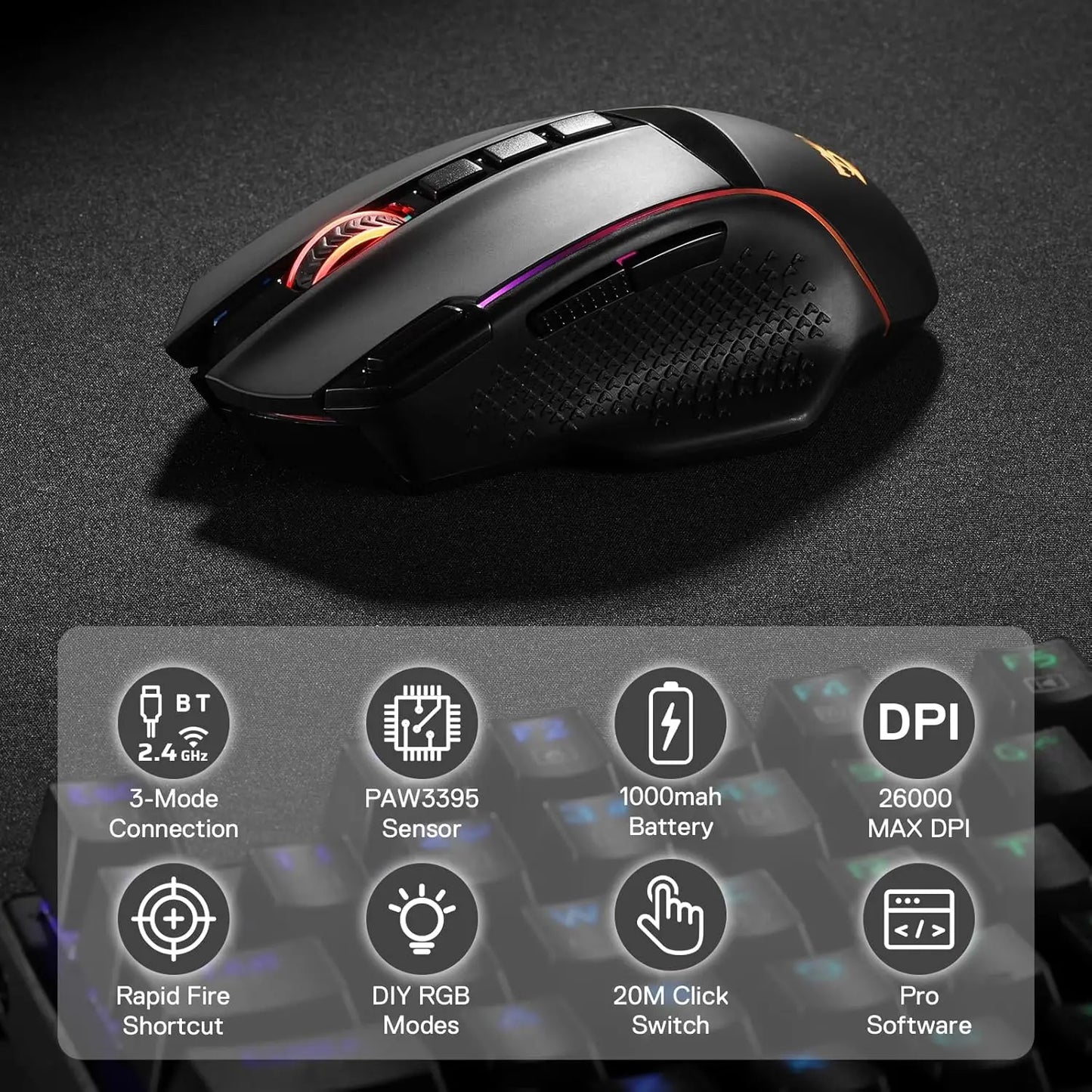 Redragon M991 trådlös gamingmus 26000 DPI, 3 lägen för gamers, 9 makroknappar, RGB-bakbelysning, svart