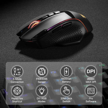 Redragon M991 trådlös gamingmus 26000 DPI, 3 lägen för gamers, 9 makroknappar, RGB-bakbelysning, svart