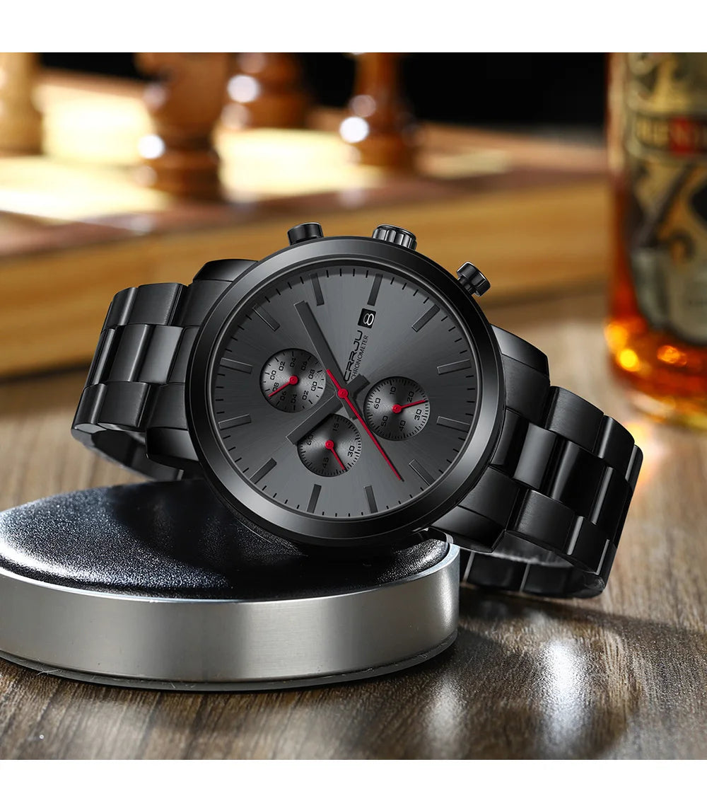 Vyriškas laikrodis CRRJU – nerūdijančio plieno chronografas, atsparus vandeniui, su datos rodikliu, analoginis kvarcinis mechanizmas, elegantiškas ir profesionalus stilius