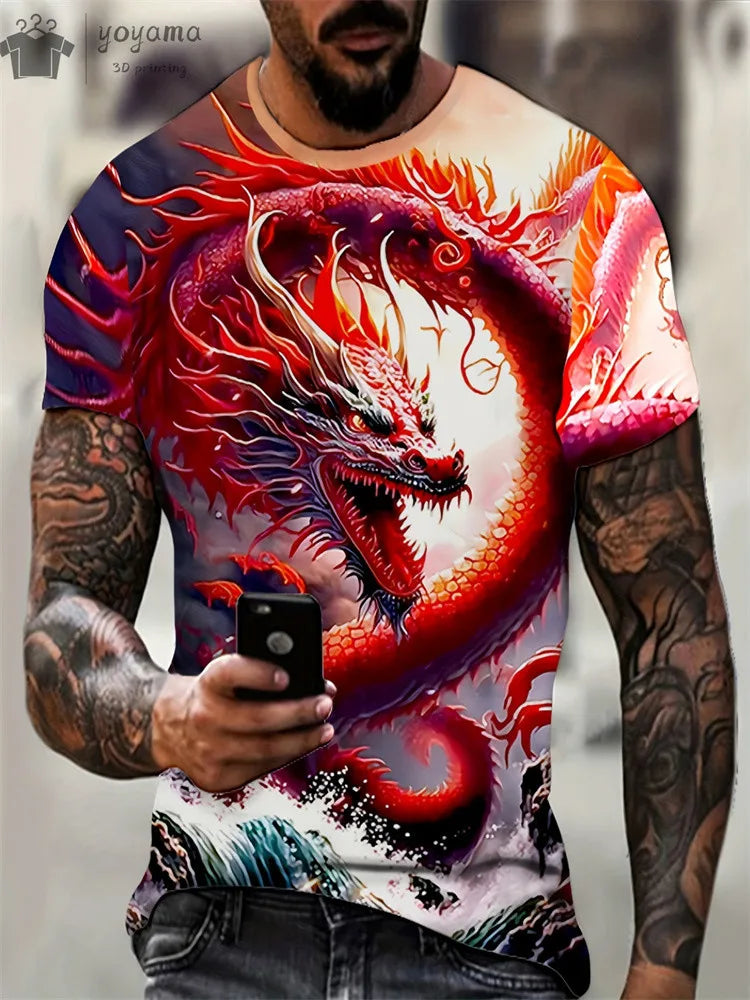 Animal Dragon 3D Print Sport Rychleschnoucí Prodyšné Pánské Tričko Outdoor Street Harajuku Běh Fitness Krátký rukáv Oblečení Top Léto