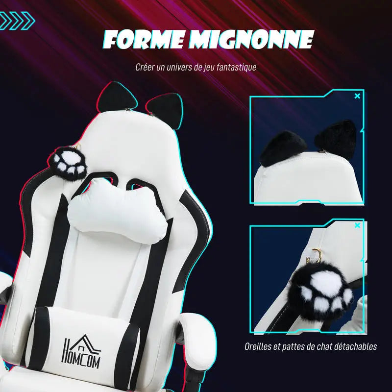 Cute Cat Gaming Chair with Removable Cat Ears, Retractable Footrest, Adjustable Height, Lumbar Support, 360° Swivel Reclining Gamer Chair