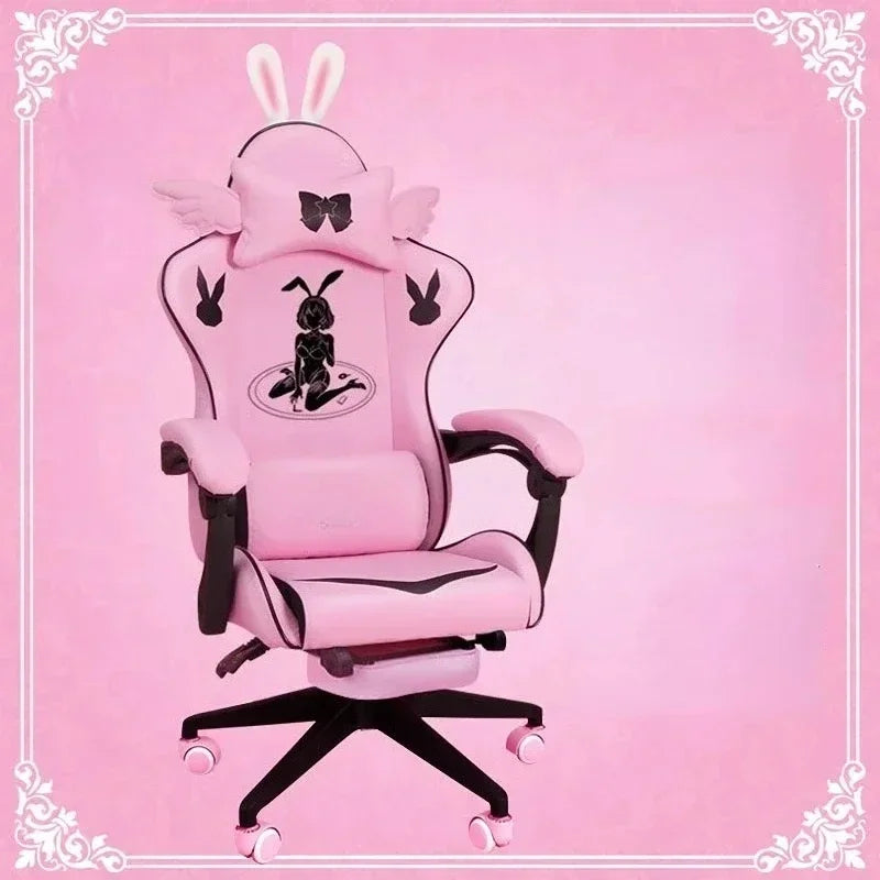 Pink Gaming Chair for Girls with Footrest, Comfortable Cartoon Gamer Chair, Adjustable Swivel Computer Chair for Bedroom, Office & Study