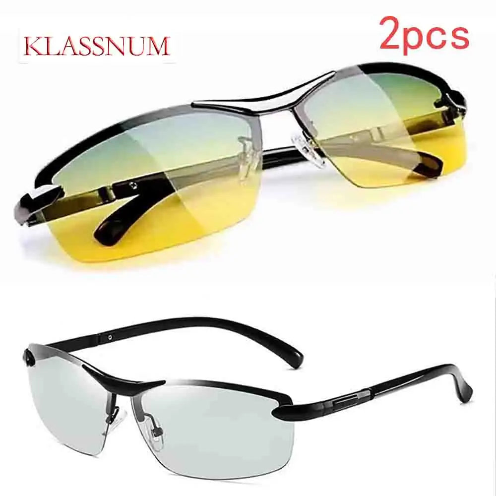KLASSNUM Męskie modne okulary rowerowe bez oprawek, fotochromowe, polaryzacyjne, zmieniające kolor, do wędkowania, jazdy samochodem, żółte szkła