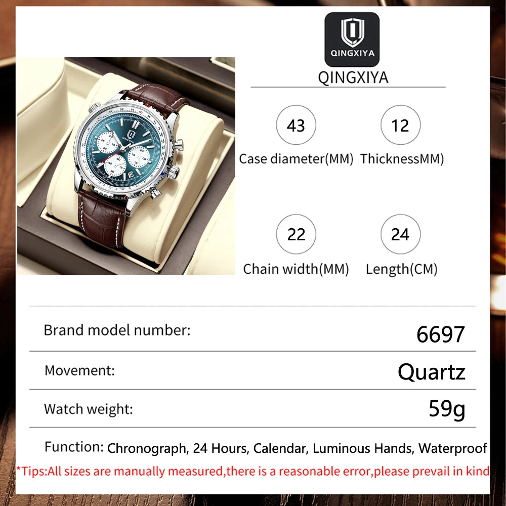 QINGXIYA Montre de luxe pour homme, à quartz, étanche, luminescente, avec date et chronographe, bracelet en cuir, montre-bracelet militaire et sportive pour homme, Reloj