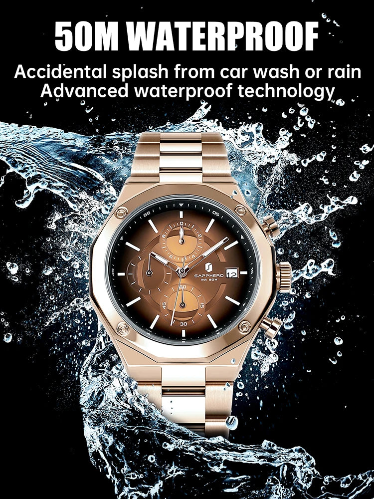 SAPPHERO Rose Gold Men Watch Fashion Luxury Clock Stainless Steel Watch 50m Water Resistance Watch For Men New Year Gifts
