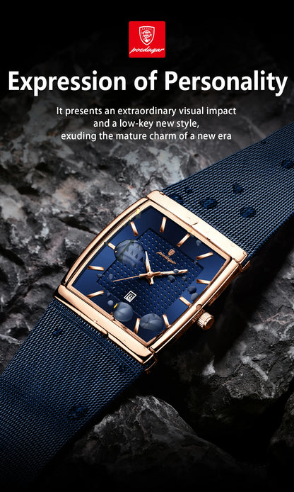 POEDAGAR Top Luxury Men Watch Stainless Steel Mesh Date Waterproof Luminous Man Wristwatch Casual Rectangle Quartz Men's Watches