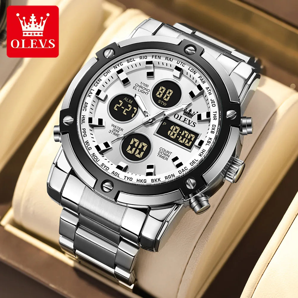 Montre pour homme OLEVS – Montre-bracelet à quartz, étanche, en acier inoxydable, avec affichage LED – Style sportif et tendance (modèle 1106)