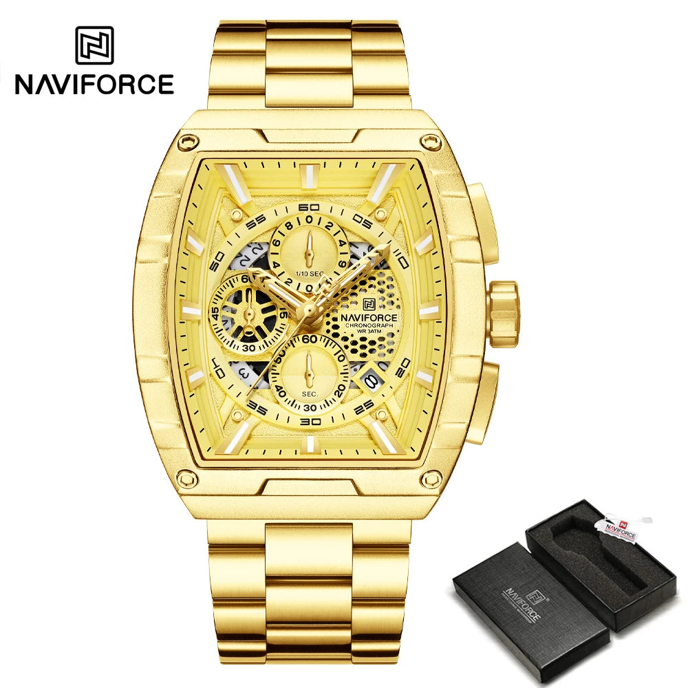 NAVIFORCE Luxury Chronograph Quartz Watch for Men Fashion Tonneau Stainless Steel Man Watches Waterproof Luminous WristWatch