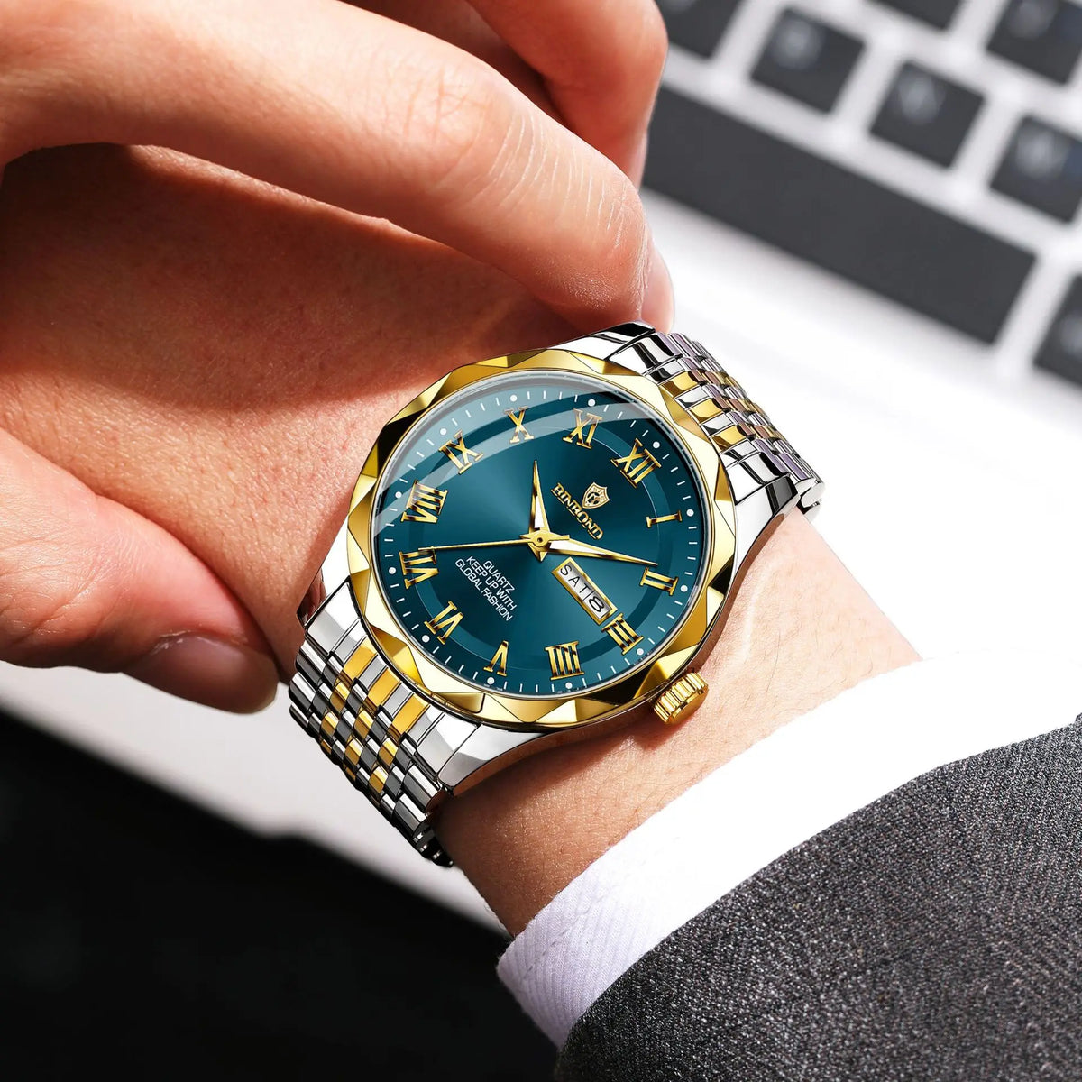 Montre-bracelet de luxe à quartz BINBOND Original Brand pour homme, lumineuse, étanche, date automatique, affichage du jour de la semaine, style décontracté.