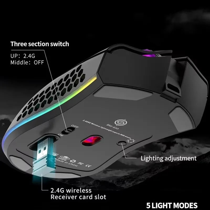 BM600 Rechargeable USB 2.4G Wireless RGB Light Honeycomb Gaming Mouse Desktop PC Computers Notebook Laptop Mice Mause Gamer