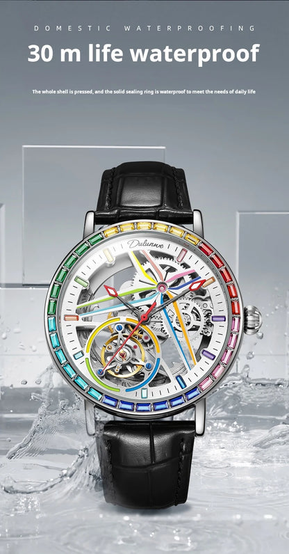 Rainbow Colored Gemstone Tourbillon Fashion Skeleton Watch Men Waterproof 30M Sports Watches Luxury Automatic Mechanical Clock