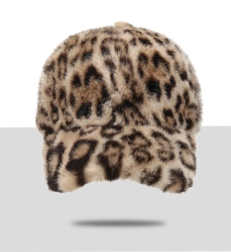 Leopard Print Baseball Cap Women Plush Faux Fur Keep Warm Winter Women's Cap Outdoor Vintage Snapback Hats For Women
