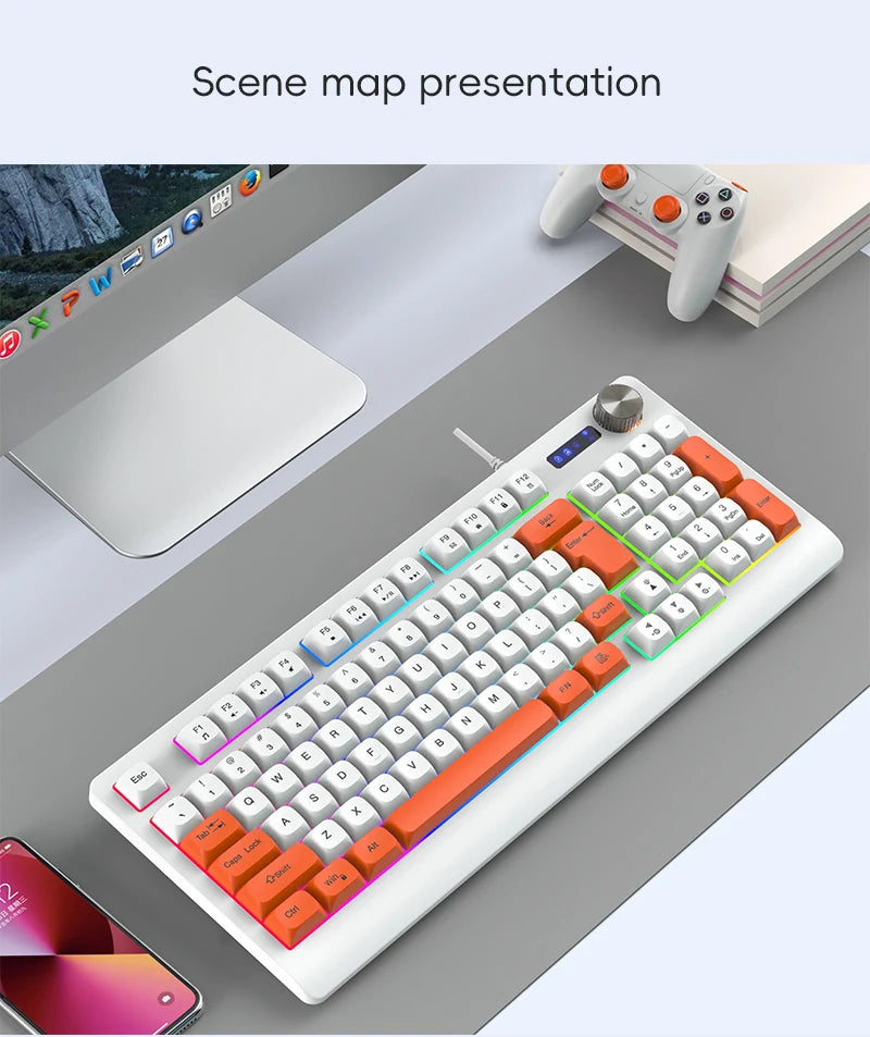 93-Key Minimalist Wired Gaming Keyboard Mixed Color Lighting With Multifunction Knob Mechanical Feeling Keyboard For PC Gamers
