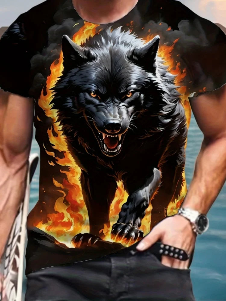 Fire Wolf Grafik-3D-Print Herren-T-Shirt Sommer Oversized Casual T-Shirt Herrenmode Fitness Kurzarm-Oberteil Tee-Shirt