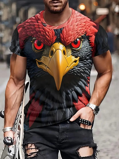 Nowa męska koszulka T-shirt z efektownym wzorem orła, nadruk 3D z płomiennym orłem, letni streetwear, modny krótki rękaw, męskie T-shirty i topy